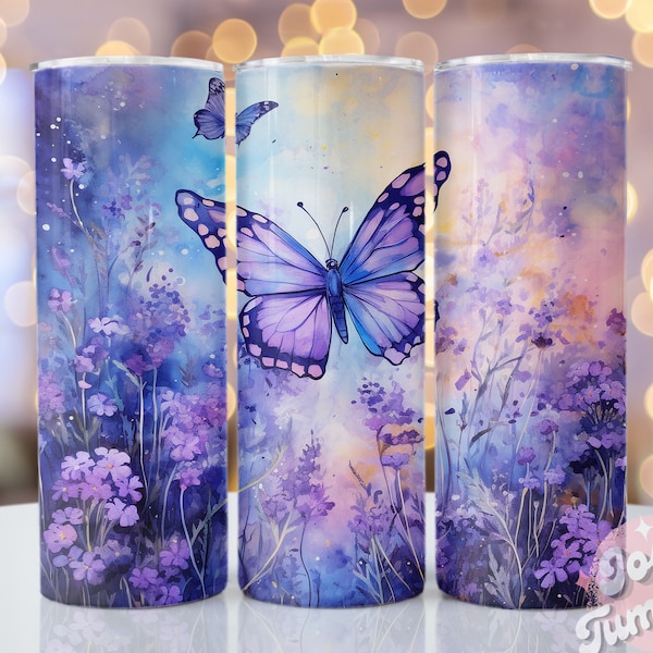 Violet Butterfly Tumbler Wrap Design, 20oz Skinny Sublimation Tumbler Design, Floral Sublimation Design Png, Violet Tumbler Png Wrap Png