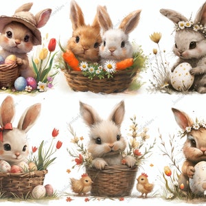Puede incluir: Ilustraciones en acuarela de conejos de Pascua con cestas de huevos, zanahorias y flores. Los conejos se representan en varias poses, algunos con sombreros o coronas de flores, sobre un fondo blanco. La obra de arte tiene una paleta de colores suaves y pastel.