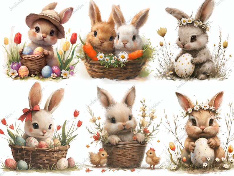 Puede incluir: Ilustraciones en acuarela de conejos de Pascua con cestas de huevos, zanahorias y flores. Los conejos se representan en varias poses, algunos con sombreros o coronas de flores, sobre un fondo blanco. La obra de arte tiene una paleta de colores suaves y pastel.