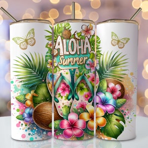 May include: A white tumbler with a tropical design featuring the words "Aloha Summer", flip-flops, coconuts, butterflies, and colorful flowers. The tumbler has a gold-colored straw.