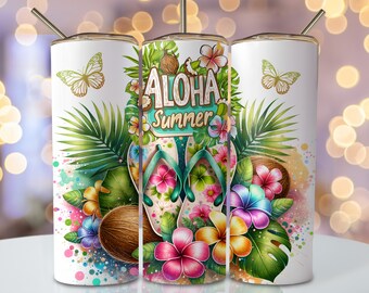 Aloha Summer Tumbler Wrap, 20oz Skinny Sublimation Tumbler Design, Tropical Sublimation Design, Floral Summer Flip Flop Tumbler Png Download
