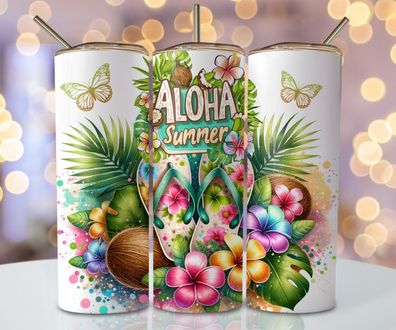 Aloha Summer Tumbler Wrap, 20oz Skinny Sublimation Tumbler Design, Tropical Sublimation Design, Floral Summer Flip Flop Tumbler Png Download