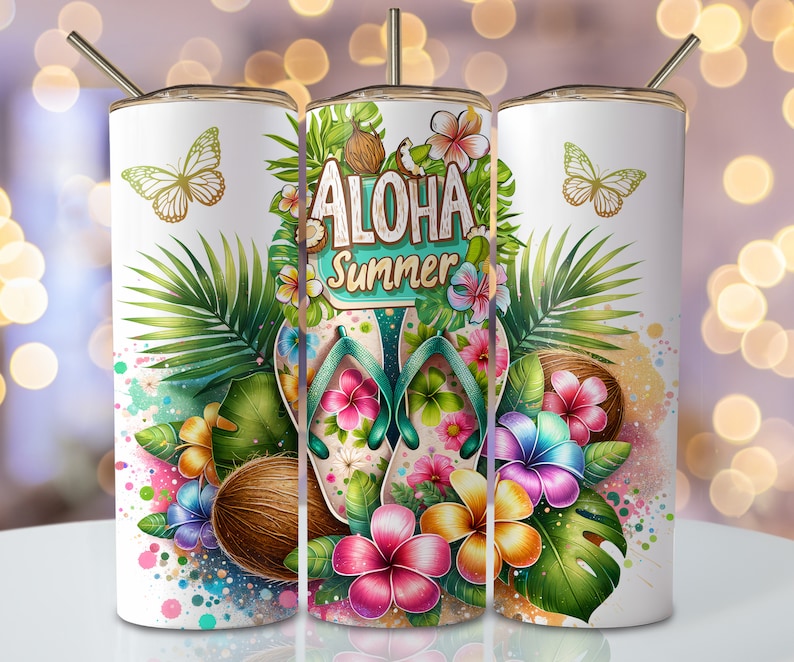 May include: A white tumbler with a tropical design featuring the words "Aloha Summer", flip-flops, coconuts, butterflies, and colorful flowers. The tumbler has a gold-colored straw.