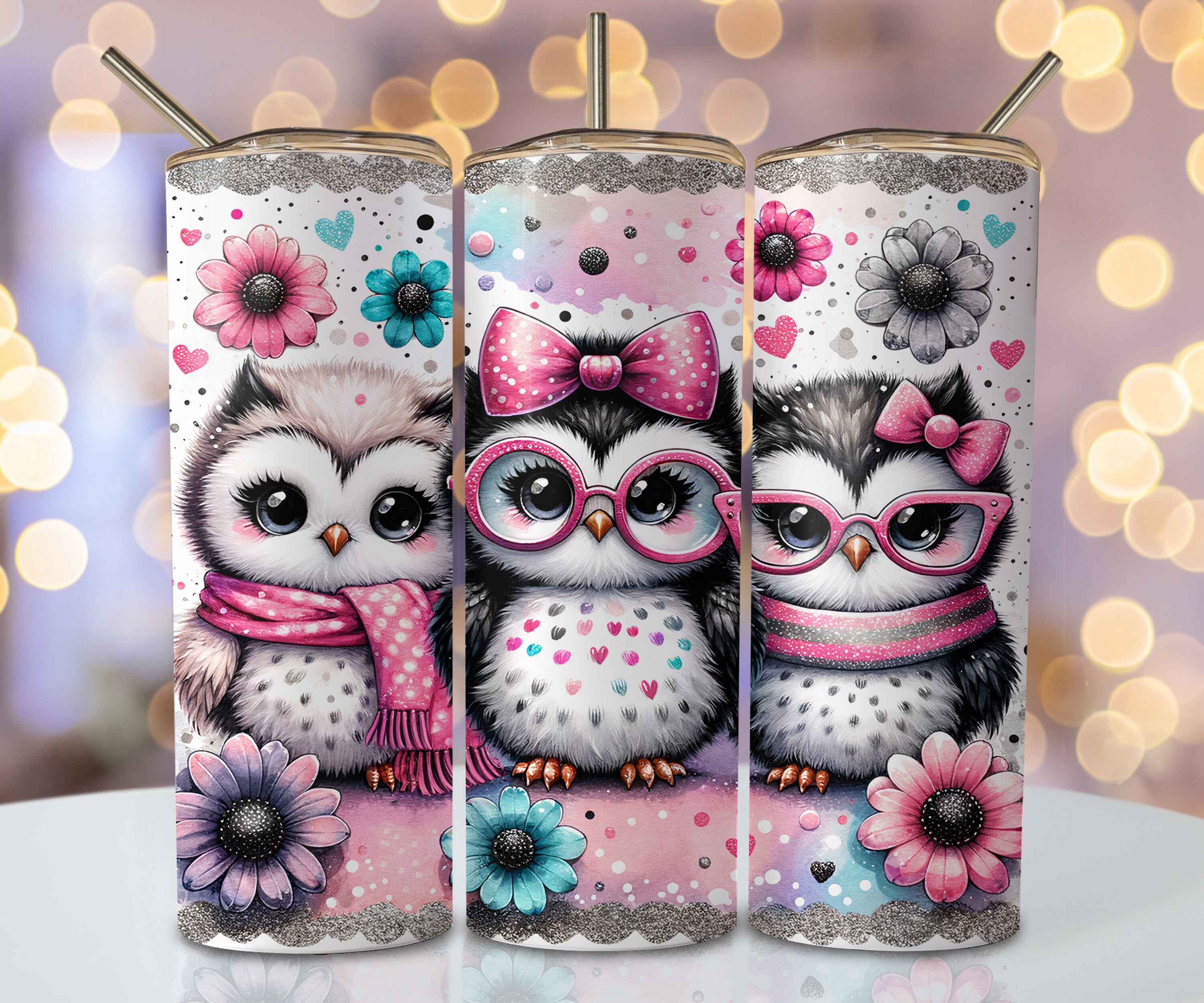 Pastel Owl Tumbler Wrap, 20oz Skinny Sublimation Tumbler Design, Owls Sublimation Design Png, Glitte