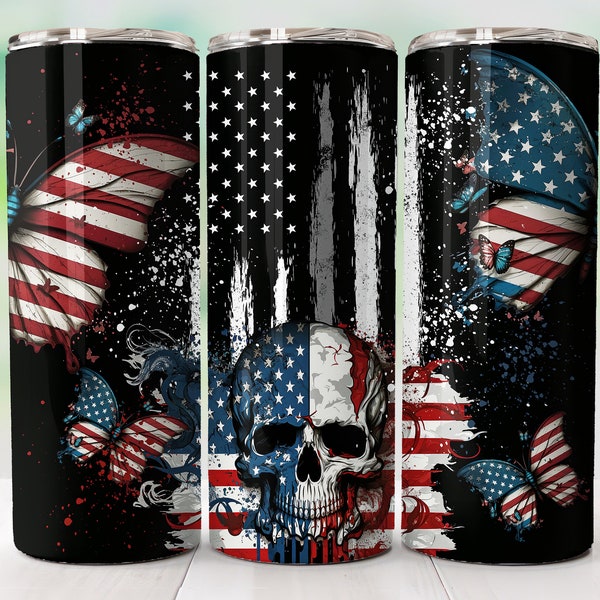 4th July Tumbler Wrap PNG Skinny Tumbler Sublimation Designs 4th Of July png American Flag Design Skull Seamless Digital Download Template