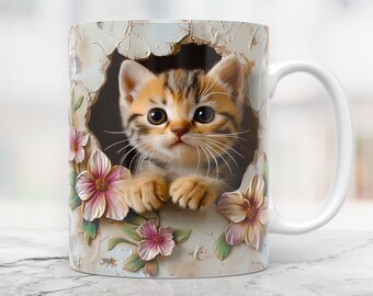 Involucro tazza gattino 3D, foro 3D in una tazza a muro Png, tazza da 11 once e involucro tazza da 15 once, design png tazza di caffè, sublimazione tazza gatto 3D, design stampa tazza