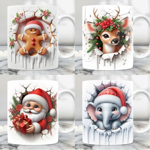 Puede incluir: Conjunto de cuatro tazas de cer&aacute;mica blanca con dise&ntilde;os navide&ntilde;os. Cada taza presenta un personaje diferente: un hombre de jengibre, un reno, Santa Claus y un elefante. Las tazas tienen un dise&ntilde;o de hielo agrietado y son perfectas para la temporada navide&ntilde;a.