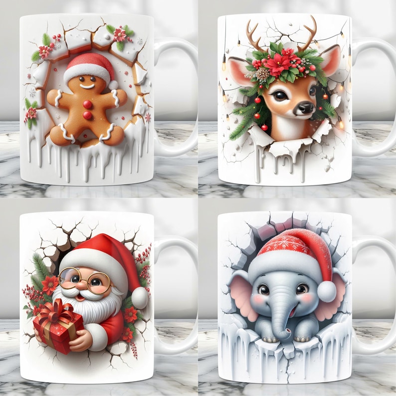 Puede incluir: Conjunto de cuatro tazas de cer&aacute;mica blanca con dise&ntilde;os navide&ntilde;os. Cada taza presenta un personaje diferente: un hombre de jengibre, un reno, Santa Claus y un elefante. Las tazas tienen un dise&ntilde;o de hielo agrietado y son perfectas para la temporada navide&ntilde;a.