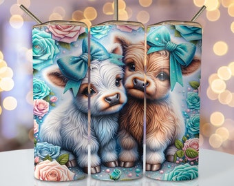 Seamless Highland Cow Tumbler Wrap, 20oz Skinny Sublimation Tumbler Design, Blue Highland Cow Sublimation Tumbler, Floral Cow Tumbler Png