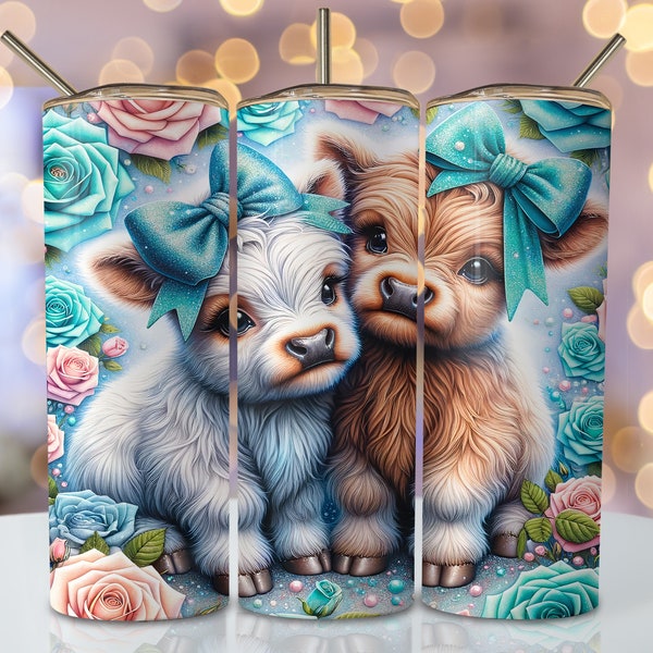 Seamless Highland Cow Tumbler Wrap, 20oz Skinny Sublimation Tumbler Design, Blue Highland Cow Sublimation Tumbler, Floral Cow Tumbler Png