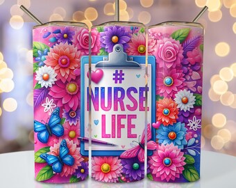 Nurse Life Tumbler Wrap, 20oz Skinny Sublimation Tumbler Design, Nurse Sublimation Design, Watercolor Floral Nursing Tumbler Png Downloads