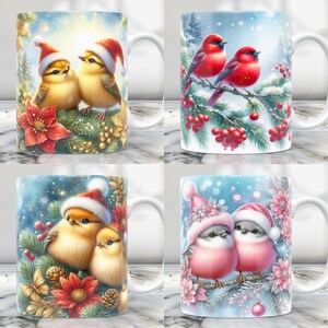May include: Set of four ceramic mugs featuring winter holiday designs. Each mug has a different design with birds and winter foliage. The mugs are white with a glossy finish.
