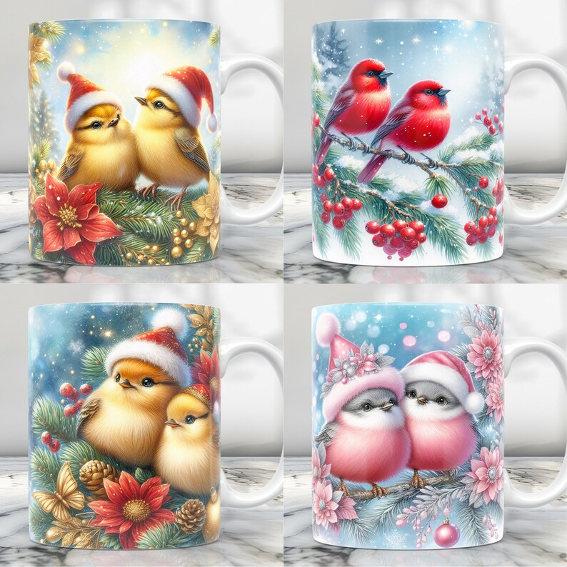 May include: Set of four ceramic mugs featuring winter holiday designs. Each mug has a different design with birds and winter foliage. The mugs are white with a glossy finish.