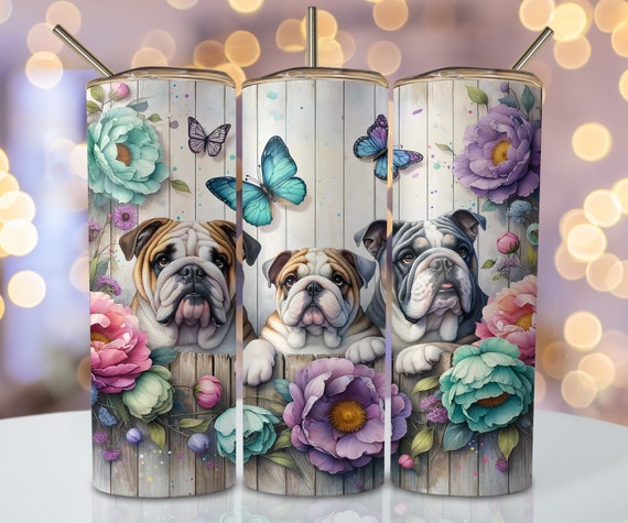 Floral Bulldog Tumbler Wrap, 20oz Skinny Sublimation Tumbler Design, Butterfly Bulldog Sublimation Design, Seamless Dog Tumbler Png Download