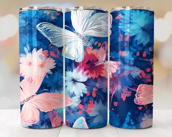Floral Tumbler Wrap For 20oz Skinny Tumbler, Seamless Tumbler Designs Butterfly, Sublimation Png Digital Downloads, Blue Tumbler Wrap Flower