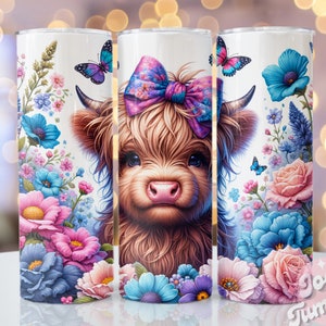 Seamless Highland Cow Tumbler Wrap, 20oz Skinny Sublimation Tumbler Design, Highland Cow Sublimation Design Png, Floral Tumbler Png Download