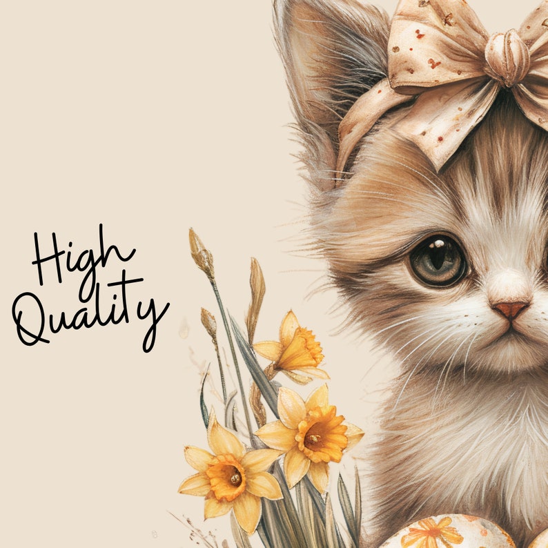 Puede incluir: Ilustraci&oacute;n en acuarela de un gatito con un lazo, narcisos y huevos de Pascua. El gatito tiene pelaje marr&oacute;n y blanco y ojos grandes. El texto "High Quality" est&aacute; escrito en una fuente de escritura.