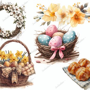 Puede incluir: Ilustraci&oacute;n en acuarela con elementos de Pascua. Una corona de flores blancas, un nido con huevos decorados, una cesta de narcisos y huevos, y panecillos en un pa&ntilde;o a cuadros.