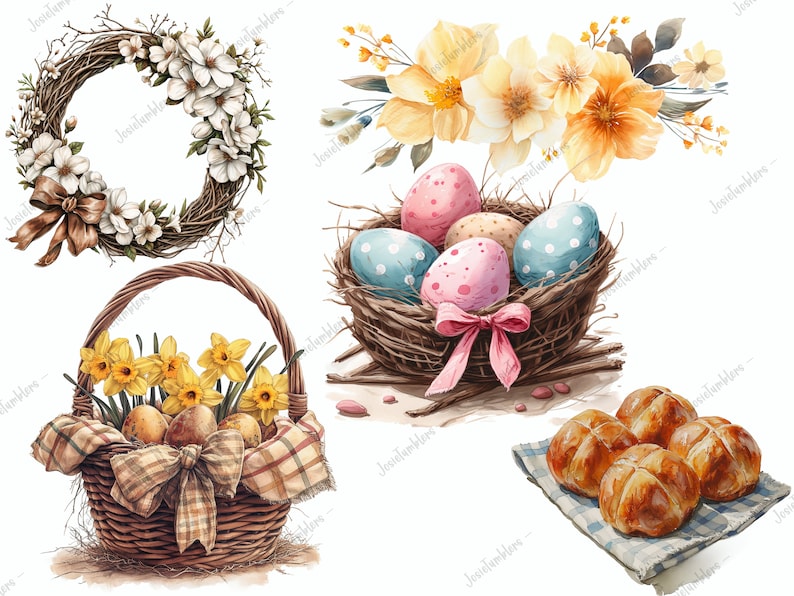 Puede incluir: Ilustraci&oacute;n en acuarela con elementos de Pascua. Una corona de flores blancas, un nido con huevos decorados, una cesta de narcisos y huevos, y panecillos en un pa&ntilde;o a cuadros.