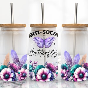 Floral 16 oz Libbey Glass Wrap, Libbey Glass Design Png, 16 Oz Glass Can Wrap Png, Butterfly Glass Can Sublimation, Digital Download Png