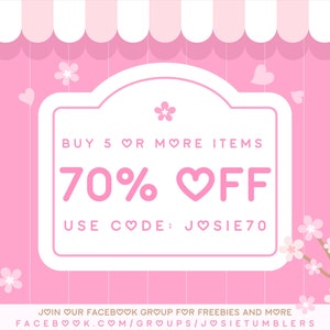 May include: Pink and white striped awning with a white sign that says "BUY 5 OR MORE ITEMS 70% OFF USE CODE: JOSIE70". The sign is decorated with pink hearts. There are pink cherry blossoms on the right side of the image.