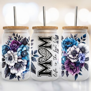 Floral Mom 16 oz Libbey Glass Wrap, Mother&#39;s Day Libbey Glass Design Png, 16Oz Glass Can Wrap Png, Glass Can Sublimation, Digital Download