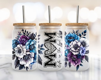 Floral Mom 16 oz Libbey Glass Wrap, Mother's Day Libbey Glass Design Png, 16Oz Glass Can Wrap Png, Glass Can Sublimation, Digital Download