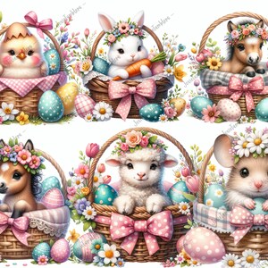May include: Six Easter baskets with different animals, each with a floral wreath and colorful Easter eggs. The animals include a chick, a bunny, a horse, a lamb, and a mouse.