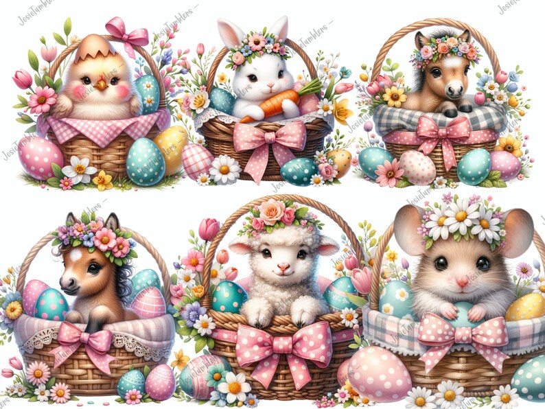 May include: Six Easter baskets with different animals, each with a floral wreath and colorful Easter eggs. The animals include a chick, a bunny, a horse, a lamb, and a mouse.