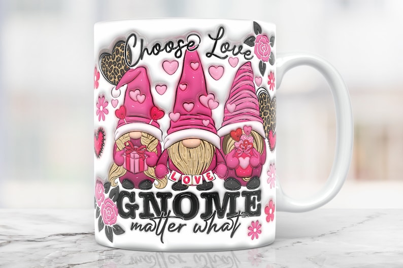 May include: White ceramic mug with a pink, white, and black design featuring three gnomes holding hearts and gifts. The text "Choose Love Gnome matter what" is printed on the mug.