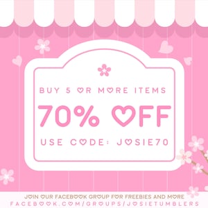 May include: Pink and white striped awning with a white sign that says "BUY 5 OR MORE ITEMS 70% OFF USE CODE: JOSIE70". The sign is decorated with pink hearts. There are pink cherry blossoms on the right side of the image.