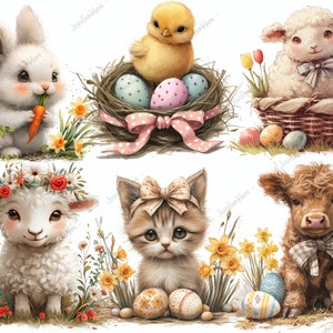 Puede incluir: Ilustraciones en acuarela de animales de Pascua: un conejo comiendo una zanahoria, un pollito en un nido con huevos, un cordero en una cesta, un cordero con una corona de flores, un gatito con un lazo y un ternero con un lazo. Las im&aacute;genes est&aacute;n rodeadas de flores y huevos de Pascua.