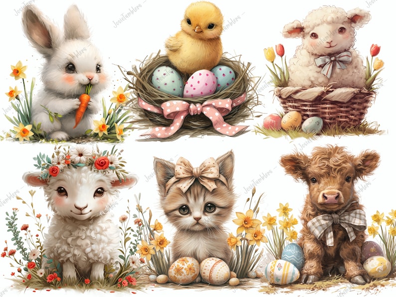Puede incluir: Ilustraciones en acuarela de animales de Pascua: un conejo comiendo una zanahoria, un pollito en un nido con huevos, un cordero en una cesta, un cordero con una corona de flores, un gatito con un lazo y un ternero con un lazo. Las im&aacute;genes est&aacute;n rodeadas de flores y huevos de Pascua.