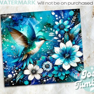 May include: A vibrant blue and green hummingbird with brown wings flies over a cluster of blue and white flowers with a blue and green watercolor background.