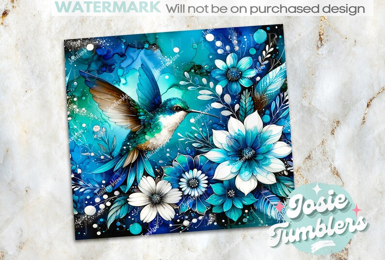 May include: A vibrant blue and green hummingbird with brown wings flies over a cluster of blue and white flowers with a blue and green watercolor background.