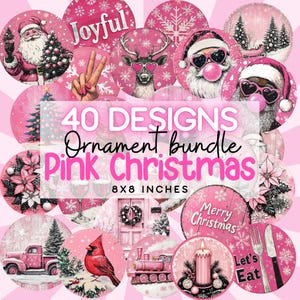 Lot d'ornements roses, sublimation d'ornements Png, décorations de Noël, dessins de décoration de Noël, lot de Noël rose, fichiers de conception PNG d'ornement rond