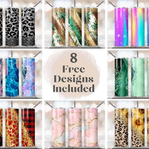 May include: Eight different designs for 20 oz. stainless steel tumblers. Designs include glitter, marble, leopard print, sunflowers, and more.  8 Free Designs Included.