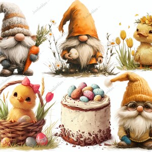 Puede incluir: Ilustraciones tem&aacute;ticas de Pascua con gnomos, pollitos y huevos decorados. Un gnomo sostiene una zanahoria, otro un huevo. Un pollito est&aacute; en una cesta con huevos y tulipanes. Un pastel est&aacute; cubierto con huevos coloridos. El estilo es caprichoso y colorido.