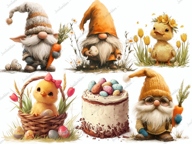 Puede incluir: Ilustraciones tem&aacute;ticas de Pascua con gnomos, pollitos y huevos decorados. Un gnomo sostiene una zanahoria, otro un huevo. Un pollito est&aacute; en una cesta con huevos y tulipanes. Un pastel est&aacute; cubierto con huevos coloridos. El estilo es caprichoso y colorido.