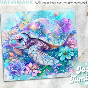 May include: A colourful illustration of a sea turtle with a blue, pink and purple shell surrounded by flowers. The turtle is swimming in turquoise blue water with bubbles.