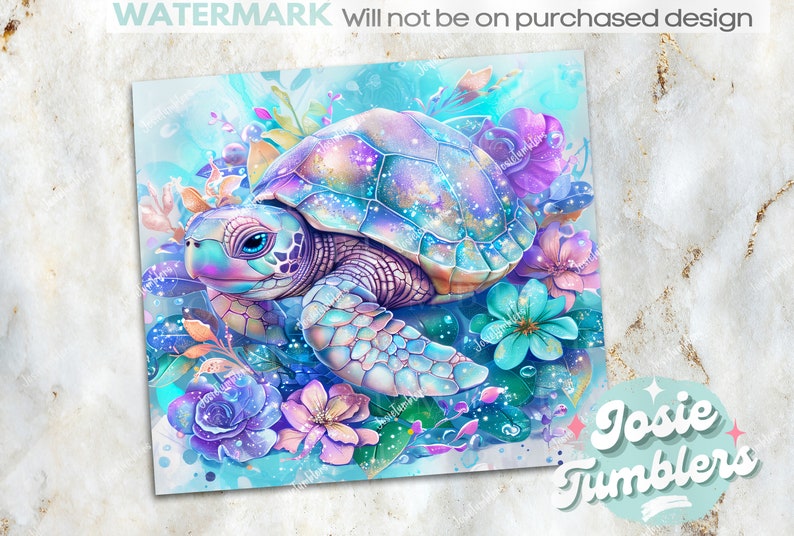 May include: A colourful illustration of a sea turtle with a blue, pink and purple shell surrounded by flowers. The turtle is swimming in turquoise blue water with bubbles.