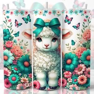 Pastellfärgad lammglass, 20 oz smal sublimeringsglasdesign, sublimeringsdesign med blommigt får, akvarell djurglas png-nedladdningar bild 4