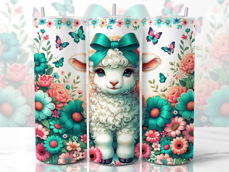 Pastellfärgad lammglass, 20 oz smal sublimeringsglasdesign, sublimeringsdesign med blommigt får, akvarell djurglas png-nedladdningar bild 4