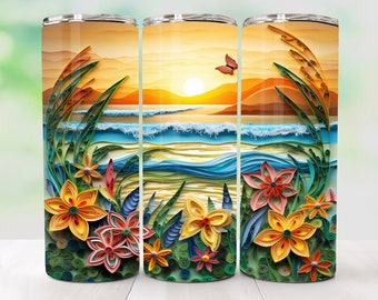 3D Beach Quilled Tumbler Wrap Design 20 Oz Skinny Sublimation Tumbler Png 3D Tumbler Design 20oz Tumbler Landscape 3D Flower Png Downloads
