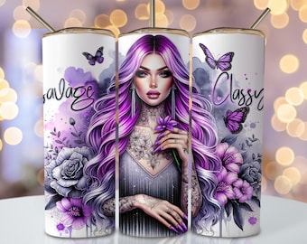 Purple Tumbler Wrap, 20 oz Skinny Sublimation Tumbler Design, Classy Savage Sublimation Design, Floral Sarcastic Tumbler Png Wrap Downloads