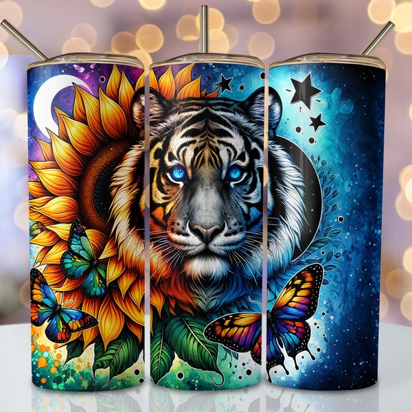 Vibrant Tiger Tumbler Wrap, 20oz Skinny Sublimation Tumbler Design, Sunflower Sublimation Wrap, Watercolor Tiger Tumbler PNG Downloads