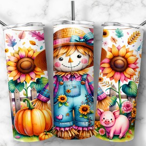 May include: Three stainless steel tumblers with a fall design. Each tumbler has a watercolour illustration of a scarecrow, sunflowers, pumpkins, and a pig. The tumblers have a straw and a white background.
