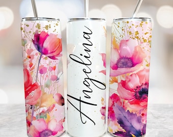Agregue su nombre Tumbler Wrap PNG Pink Watercolour Floral Tumbler Diseños de sublimación sin costuras Descargas, Regalo de envoltura de plantilla recta delgada