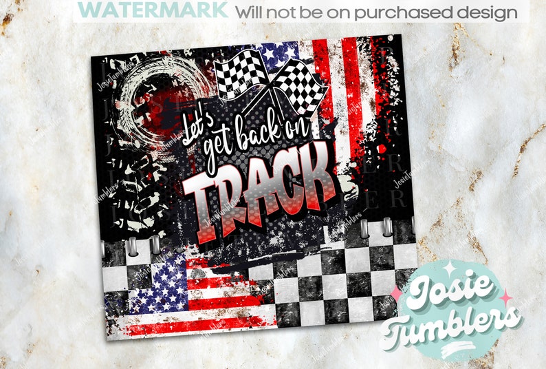 Peut inclure: Un fond &agrave; carreaux noirs et blancs avec un drapeau am&eacute;ricain rouge, blanc et bleu et le texte "Let's get back on TRACK".
