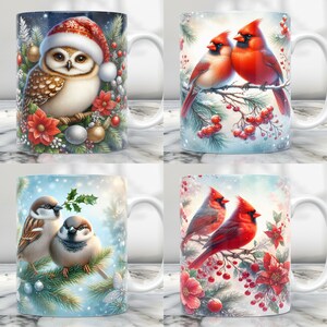 May include: Set of four white ceramic mugs with winter holiday themed designs. One mug features a brown and white owl with red poinsettias and silver ornaments. Another mug features two red cardinals perched on a snowy branch with red berries. The third mug features two sparrows perched on a snowy branch with green holly. The fourth mug features two red cardinals perched on a snowy branch with red berries and a red poinsettia.